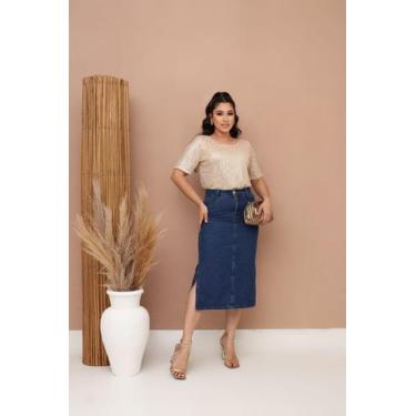 Imagem de Saia Jeans Feminina Longa Cintura Alta Com Fenda Midi Evangélica 38 ao