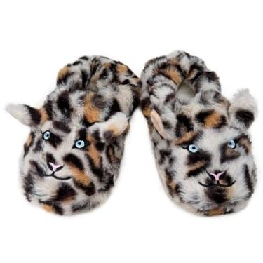 Imagem de Vegove Pantufas fofas de animais de pelúcia para crianças, aconchegantes felpudas e antiderrapantes para uso interno, Leopardo de neve, 9-10 Little Kid