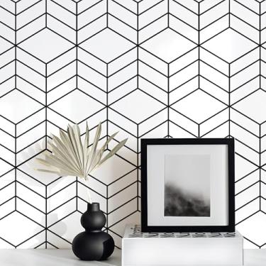 Imagem de KUKANTST Papel de parede geométrico hexagonal, descasque e cole papel de contato geométrico para armários, papel de parede preto e branco para banheiro, impermeável, autoadesivo, papel de parede