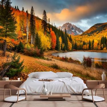 Imagem de Lcythiazole Mural de papel de parede personalizável Peel and Stick, paisagem de outono, montanha lago bordo pinho floresta fotografia HD foto para sala de estar, quarto, sala de jantar