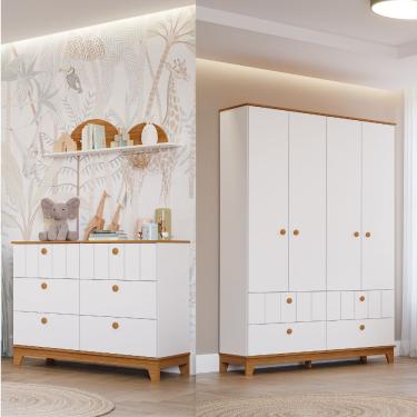 Imagem de Quarto Infantil com Guarda Roupa e Cômoda MDF Liza Permobili - Branco/Nature