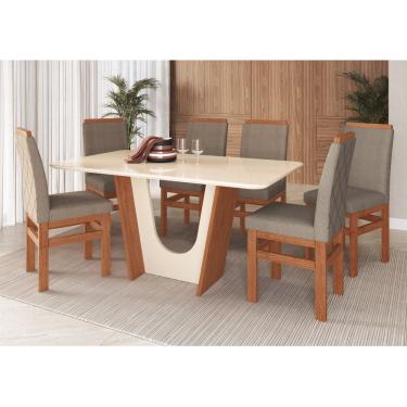 Imagem de Conjunto Sala de Jantar Mesa com Tampo de Vidro 160cm e 6 Cadeiras em Madeira Maciça 136/19 Zamarchi - Canela/off/Tec Boucle Marrom