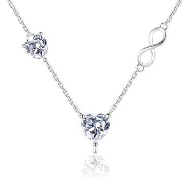 Imagem de E Colares de coração banhados a ouro branco 14K para mulheres, colar de prata infinito com coração duplo de amor, colar feminino com pingente de zircônia cúbica de cristal, gargantilha delicada, joias
