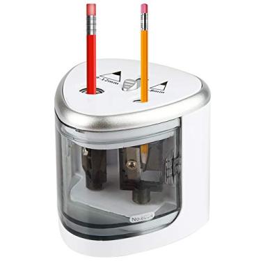 Imagem de Apontador de lápis, elétrico resistente, com furos duplos, funciona com pilha, parada automática, para escritório, escola, artistas, adultos e crianças (cinza)