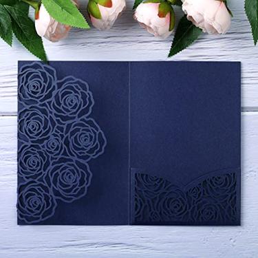 Imagem de 20 peças de bolso para cartão de convites de casamento cortado a laser com envelope para festa de aniversário, chá de bebê ou noiva, adequado para papel de inserção de 12 x 18 cm (azul escuro)