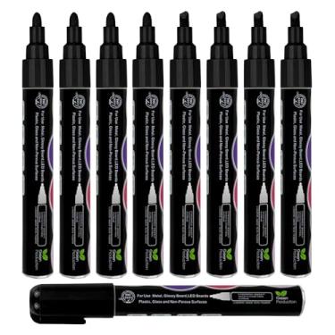 Imagem de Conjunto de marcadores de giz líquido preto (pacote com 8), 6 mm reversível dupla ponta redonda e cinzel, lavável para quadro de giz espelho janela de vidro superfície não porosa, fácil de limpar, não tóxico e ecológico