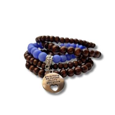 Imagem de Conjunto de Pulseiras Hooponopono azul com madeira - Paz Interior Stor