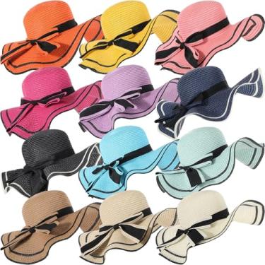 Imagem de Tigeen 12 chapéus de palha para mulheres, chapéus de praia flexíveis e dobráveis com aba larga de 56 a 56 cm, proteção UV, FPS 50+, 12 cores, multicolorido