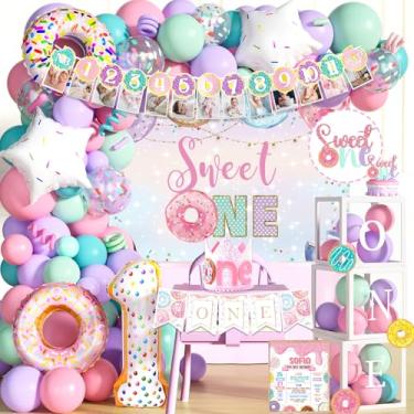 Imagem de 121 PCs Sweet One Birthday Party Decorations, Hombae Donut 1st Party Decorations for Girl Backdrop Balloon Garland Monthly Photo High Chair Banner Cake Topper Box Cutout Poster Crown Patel Colorful