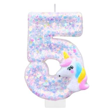 Imagem de Velas com números de aniversário de unicórnio para bolo, vela branca número 5, topo de bolo divertido de unicórnio com glitter, decoração de aniversário, enfeite de cupcake para artigos de festa