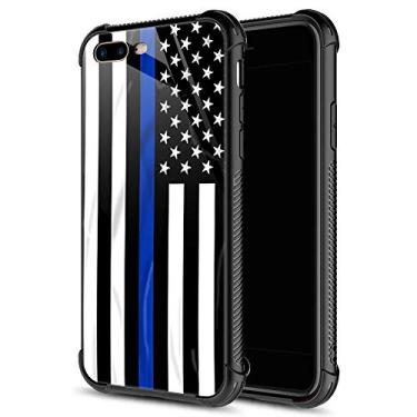 Imagem de Capa para iPhone 8 Plus, capa DRX1020-8P01 para iPhone 7 Plus, traseira de vidro temperado + capa protetora de TPU de silicone macio para Apple iPhone 7/8 Plus, iPhone 7/8 Plus, Blue line american flag