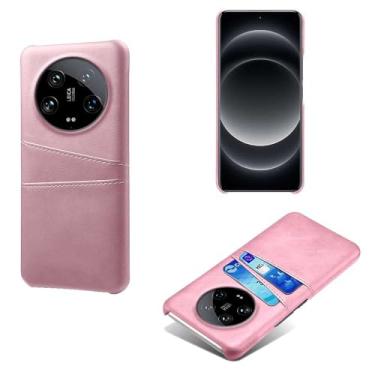 Imagem de Capas Compatível com Xiaomi 14 ULTRA,Caso de couro PU-Tampa de telefone a prova de choque com 2 slots de cartão,Proteção anti-impressão digital e anti-gota-Pink