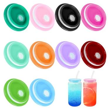 Imagem de Pacote com 10 tampas de acrílico para copos de vidro de 473 ml, tampa de canudo, substituição de tampa de copo, tampas de plástico reutilizáveis à prova de derramamento para copos de vidro, xícara de