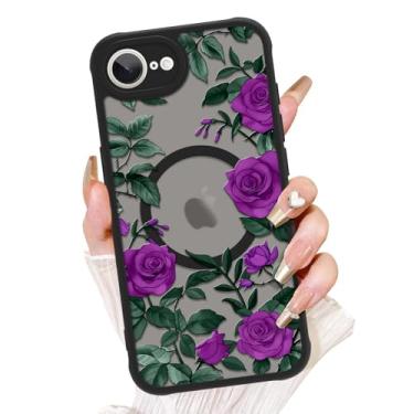Imagem de AIGOMARA Capa para iPhone 16e, compatível com MagSafe, linda estampa de flor rosa com capa de telefone fosca semitransparente para mulher Gilrs TPU macio e PC capa protetora traseira fina roxa