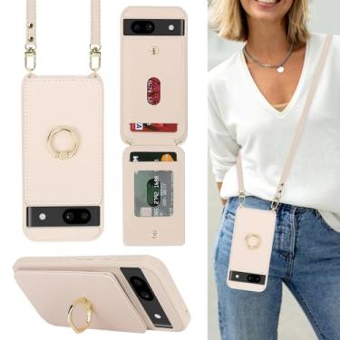 Imagem de Lipvina Capa para Google Pixel 8A com suporte para cartão e alça para mulheres, cordão transversal, suporte de anel, fecho de pressão, capas carteira de telefone 15.5 cm (bege)