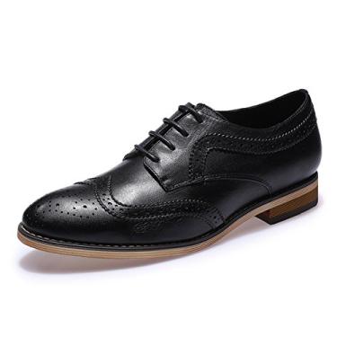 Imagem de Mona flying Sapato feminino de couro perfurado com cadarço Oxfords Brogue Wingtip Derby para mulheres, Preto, 35