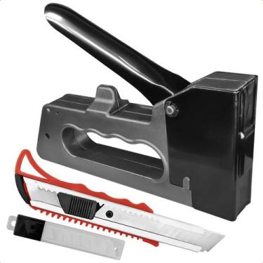 Imagem de Grampeador Tapeceiro Alta Pressão Manual Com Kit Estilete 9mm e 10 Lâm