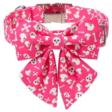 Imagem de Coleira de cachorro com caveira de Halloween Maca Bates com gravata borboleta de marinheiro para meninos grandes, coleiras de filhote de cachorro com estampa de osso rosa com gravata borboleta