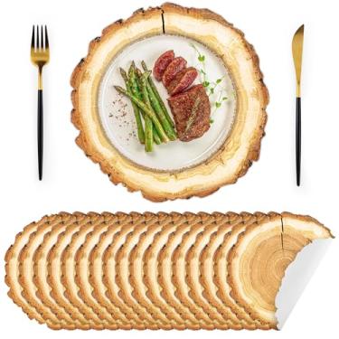 Imagem de Kochorie 50 peças de jogo americano descartável de papel fatiado de madeira 33 x 33 cm fatias rústicas redondas tapete de lugar de papel de mesa a granel para mesa de jantar de festa de casamento de