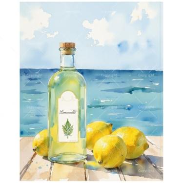 Imagem de Kit de pintura de limoncello à beira-mar por números para adultos - Garrafa de limão faça você mesmo com pintura de vista do oceano em tela 40,6 x 50,8 cm, conjunto de tinta acrílica, adequado para