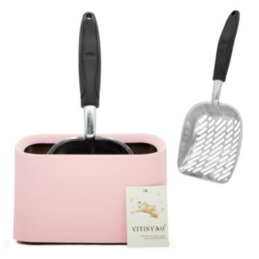 Imagem de Vitisyao Colher de areia para gatos de metal completo com suporte – Pá de areia resistente e peneira rápida – Colher de cocô de gato de alumínio captura todos os aglomerados – Suporte lavável para