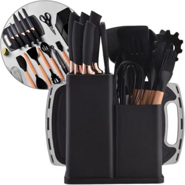 Imagem de Conjunto de Utensílios de Cozinha 19 Peças, Cabo em Madeira, Facas, Suporte e Tábua, Resistente até 230° (Preto)