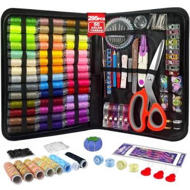 Imagem de HYHJMISTY Kit de costura para adultos, kit de linha de costura de 50 cores, 295 peças de acessórios de costura com tesouras ergonômicas, essenciais profissionais portáteis de conserto para viagens