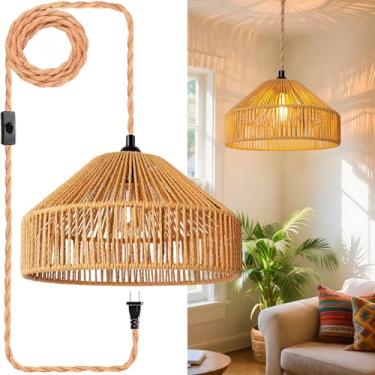 Imagem de Candeeiros pendurados em vime, luzes penduradas de 5 m, cabo de plugue, luminária pendente, plugue na tomada de parede, iluminação pendente com interruptor liga/desliga para sala de estar no quarto