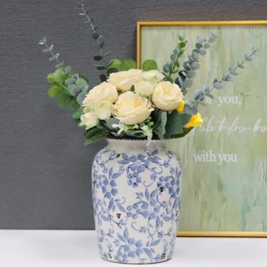 Imagem de Iemegumi Vaso de cerâmica azul e branco - Vasos de flores de cerâmica de terracota modernos para decoração rústica de mesa de casa tulipa buquê de rosas - Padrão decorativo vintage de transferência e