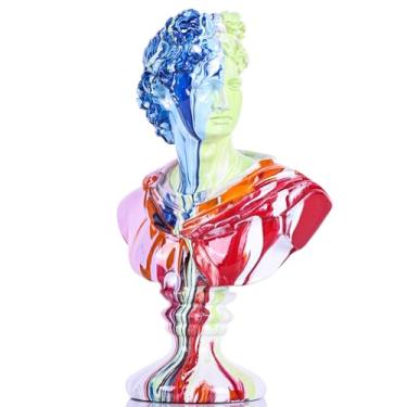Imagem de XMGZQ Escultura de David em resina de 29 cm, estátua de mitologia grega para decoração de casa, busto grande Art Déco Apollo, vermelho, laranja, azul