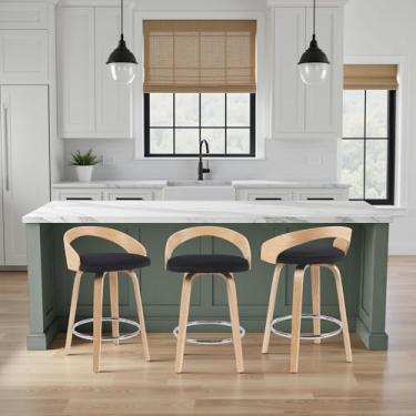 Imagem de Sonia — Banqueta de barra giratória moderna com assento estofado preto e acabamento de madeira de carvalho padronizado, conjunto de 3