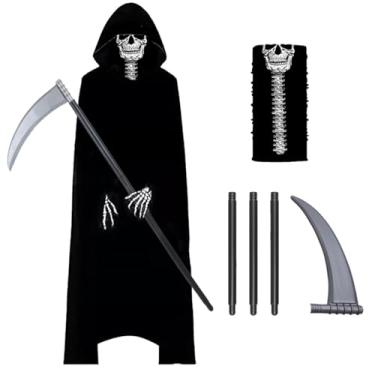 Imagem de Weiyeele Fantasia de Ceifador, Fantasia de Fantasma Assustador de Halloween para Homens e Mulheres com Capa de Veludo Preto com Capuz e Máscara de Caveira