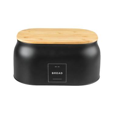 Imagem de Porta Pão Pote Lata Alimentos Metal C/ Tampa Tábua De Bambu - OU, Pret