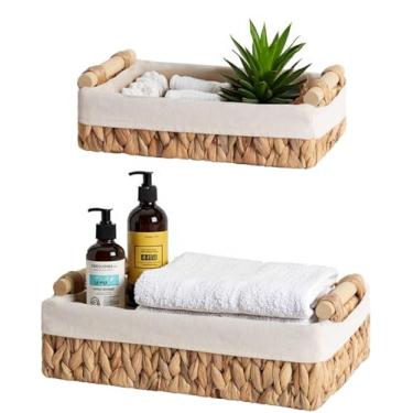 Imagem de Conjunto de 2 cestas organizadoras de banheiro de vime, pequenas cestas de armazenamento de jacinto de água natural com forro, regata e organizadores de toucador para artigos de higiene pessoal