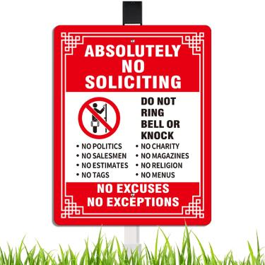 Imagem de Absolutely No Soliciting Do Not Ring Bell No Excuses No Exceptions Placa de metal, 28 cm x 22 cm Placa de alumínio resistente sem ferrugem com estaca de metal, fácil de montar