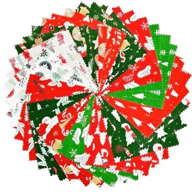 Imagem de SZRUIZFZ 42 peças de tecido acolchoado de algodão de Natal, quadrados, 12 x 12 cm, lindos pacotes de berloques, tecido para acolchoamento, vermelho e verde, árvore de Natal, faça você mesmo, costura
