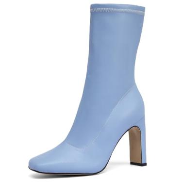 Imagem de NEWBELLA Botas femininas clássicas de salto quadrado – Botas de couro vegano com zíper lateral com sola de borracha antiderrapante para escritório e inverno, Azul claro, 36