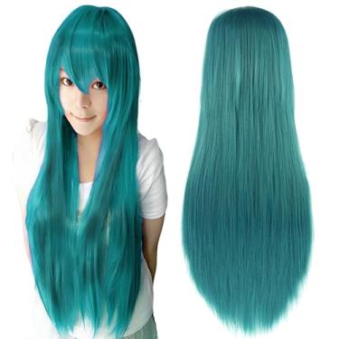 Imagem de IMISSU Perucas de cosplay de cabelo natural longo e reto com franja colorida fantasia de Halloween peruca de festa para menina (Verde)