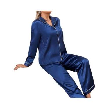 Imagem de Conjunto De Pijama Feminino De Cetim Com Manga Longa, Botões, Gola Lap