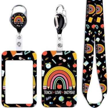 Imagem de Cordão de crachá fofo de professores para chaves de crachá de identificação arco-íris retrátil clipe de carretel de crachá para escola preto cordão de identificação para mulheres, homens e meninas