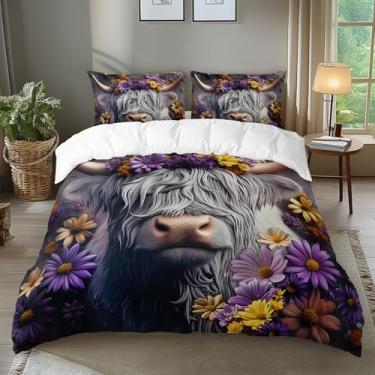 Imagem de AILONEN Conjunto de capa de edredom infantil de gado das terras altas, tamanho king, capa de colcha de vaca de fazenda selvagem + 2 fronhas, conjunto de cama de margarida amarela roxa 3 peças