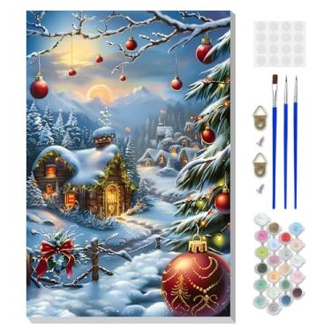 Imagem de DOMROM Kit de pintura emoldurada de Natal por números para adultos com cavalete de madeira, kit de pintura de vila por números para iniciantes, kits de pintura a óleo DIY para decoração de parede de
