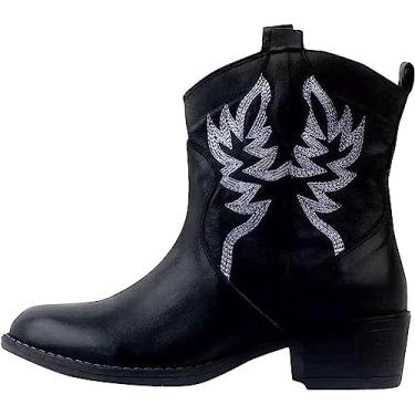 Imagem de Botas de cano curto estilo caubói ocidental bordadas, retrô, sem fecho, salto médio, cano médio, bico redondo, Preto, 8.5