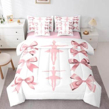 Imagem de Erosebridal Conjunto de cama queen com laço de fita rosa, bailarina (edredom + lençol de cima + 2 fronhas + 2 fronhas + 2 fronhas), conjunto de cama com 7 peças