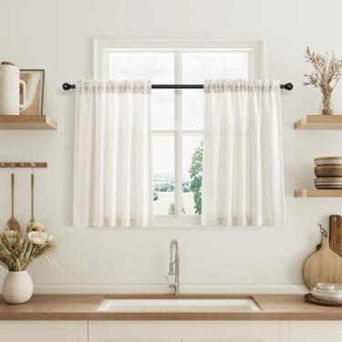 Imagem de Guken Cortinas de linho 91 cm de comprimento para janela de cozinha sobre a pia cortinas curtas de meia janela, filtragem de luz boho, casa de fazenda, com bolso para varão, para banheiro, lavanderia