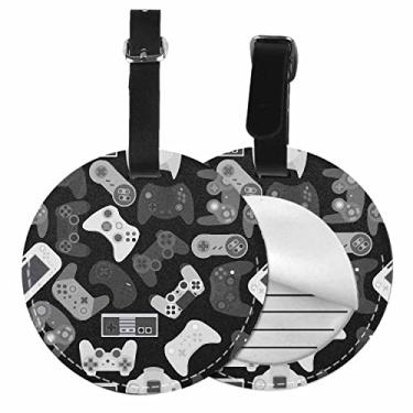 Imagem de TKS MITLAN 1 Pack Games Console PU Leather Travel Cruise Luggage Tag Video Black White Electronic Baggage Bag Backpack Instrument with Privacy Flap Name ID Label for Women Men Girls Suitcase(Round)