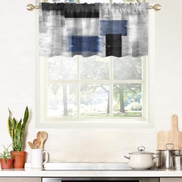 Imagem de AAtter Cortina de saia de cozinha azul, preta e cinza, abstrata, branca, escura, prata, geométrica, pequena, curta, para casa, quarto, banheiro, tecido drapeado, 1 painel, 132 cm L x 45 cm, moderno