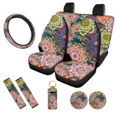 Imagem de Horeset Mandala Dahlia Capa de assento de carro conjunto de 10 peças de acessórios interiores com almofadas de cinto de segurança automotiva capa de volante suporte de batom chaveiro porta-copos de