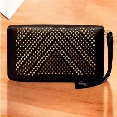 Imagem de Carteira feminina de couro com porta-cartão de crédito, carteira longa, elegante, fivela, zíper, clutch, Preto, Feche com fivela de segurança e vários compartimentos para cartão