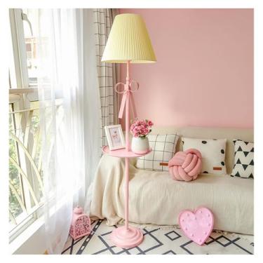 Imagem de Luminária de chão Candeeiro de pé moderno com mesa bandeja, candeeiro para sala estar, quarto, escritório, casa(Yellow-Pink)